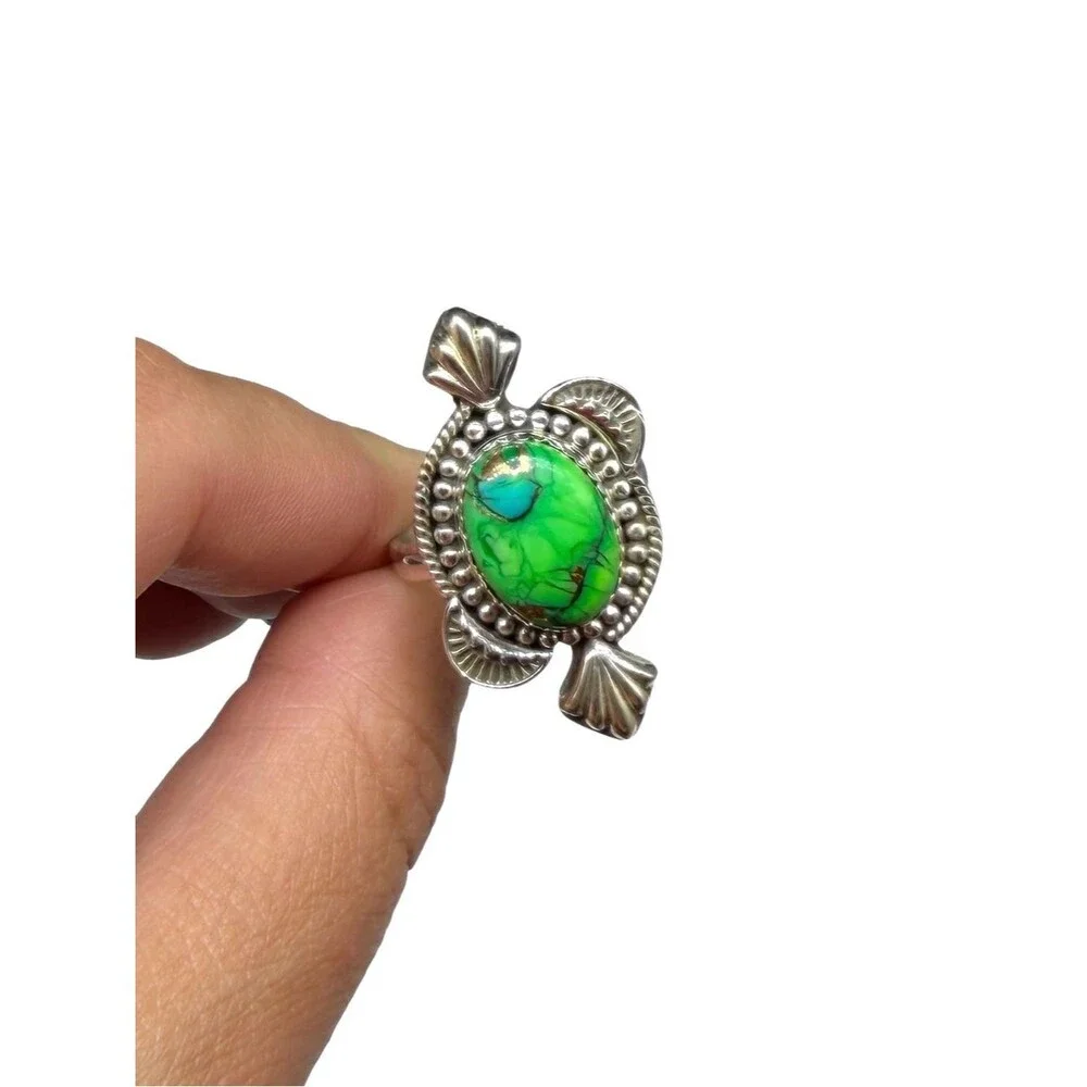Peacock Dahlia Kingman Turquoise Ring 925 Sterling Silver Adjustable Size 7 - 9